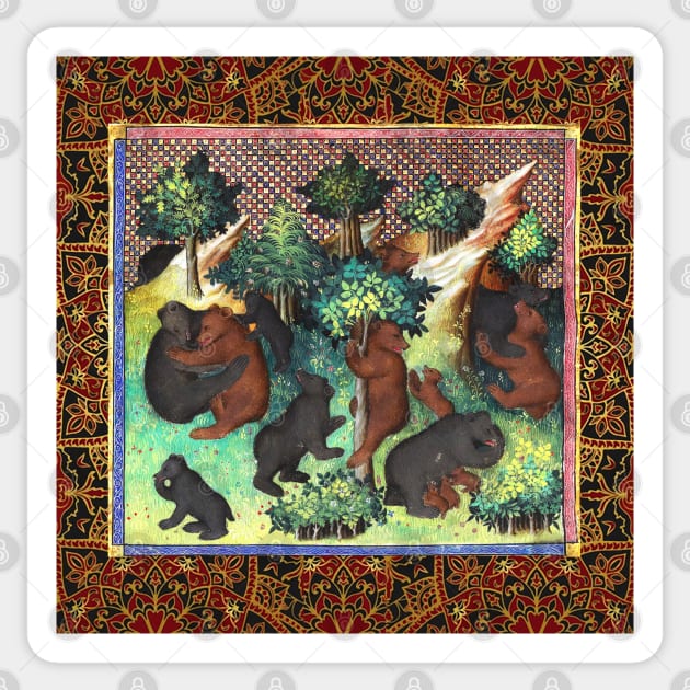 BOOK OF HUNTING ,BEARS IN WOODLAND GREENERY Medieval Miniature Sticker by BulganLumini